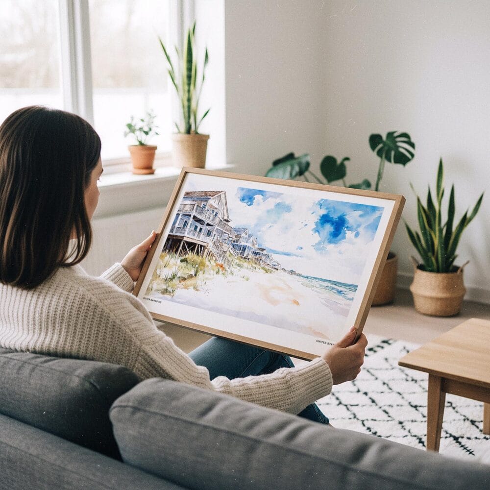 02 - A Woman Holding A Framed Cottages at Outer Banks NC Watercolor - Horizontal Art Print.jpg 02 - A Woman Holding A Framed Cottages at Outer Banks NC Watercolor - Horizontal Art Print.jpg
