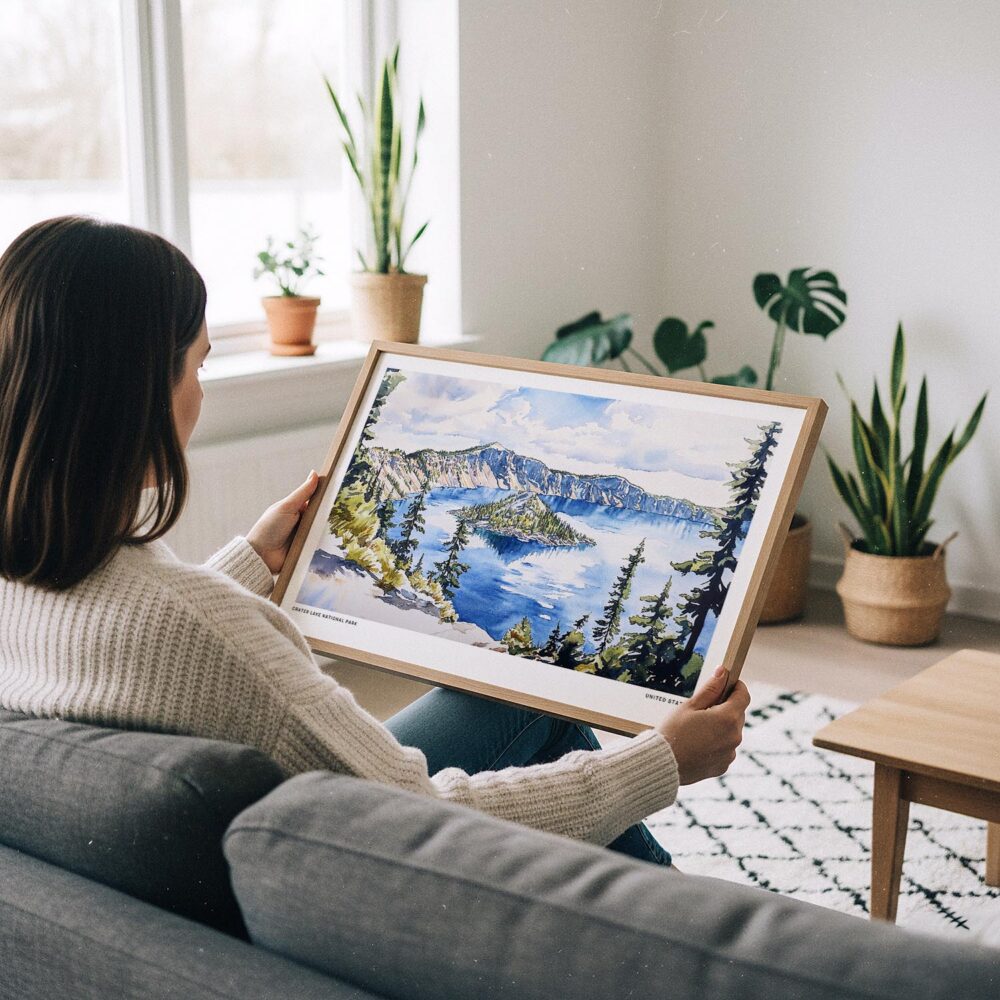 02 - A Woman Holding A Framed Crater Lake National Park Watercolor - Horizontal Art Print.jpg 02 - A Woman Holding A Framed Crater Lake National Park Watercolor - Horizontal Art Print.jpg