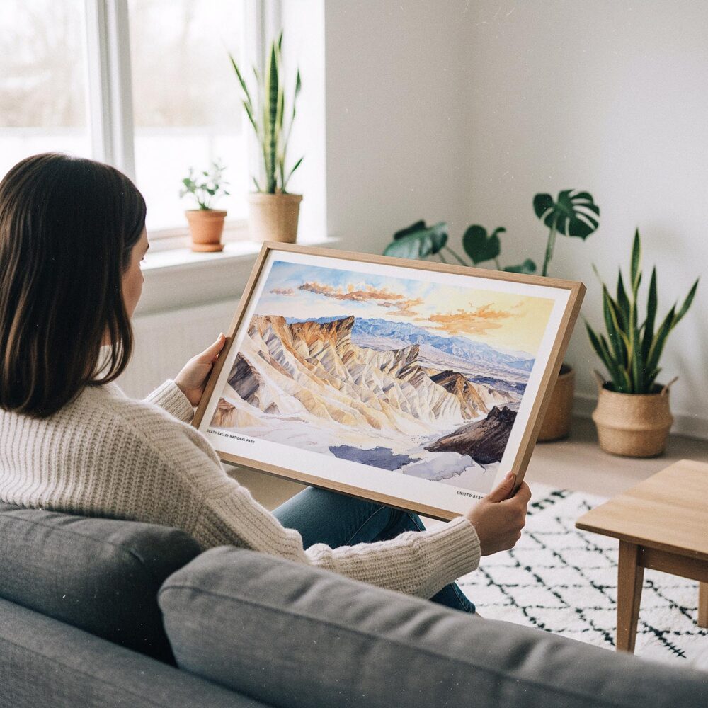 02 - A Woman Holding A Framed Death Valley National Park Watercolor - Horizontal Art Print.jpg 02 - A Woman Holding A Framed Death Valley National Park Watercolor - Horizontal Art Print.jpg