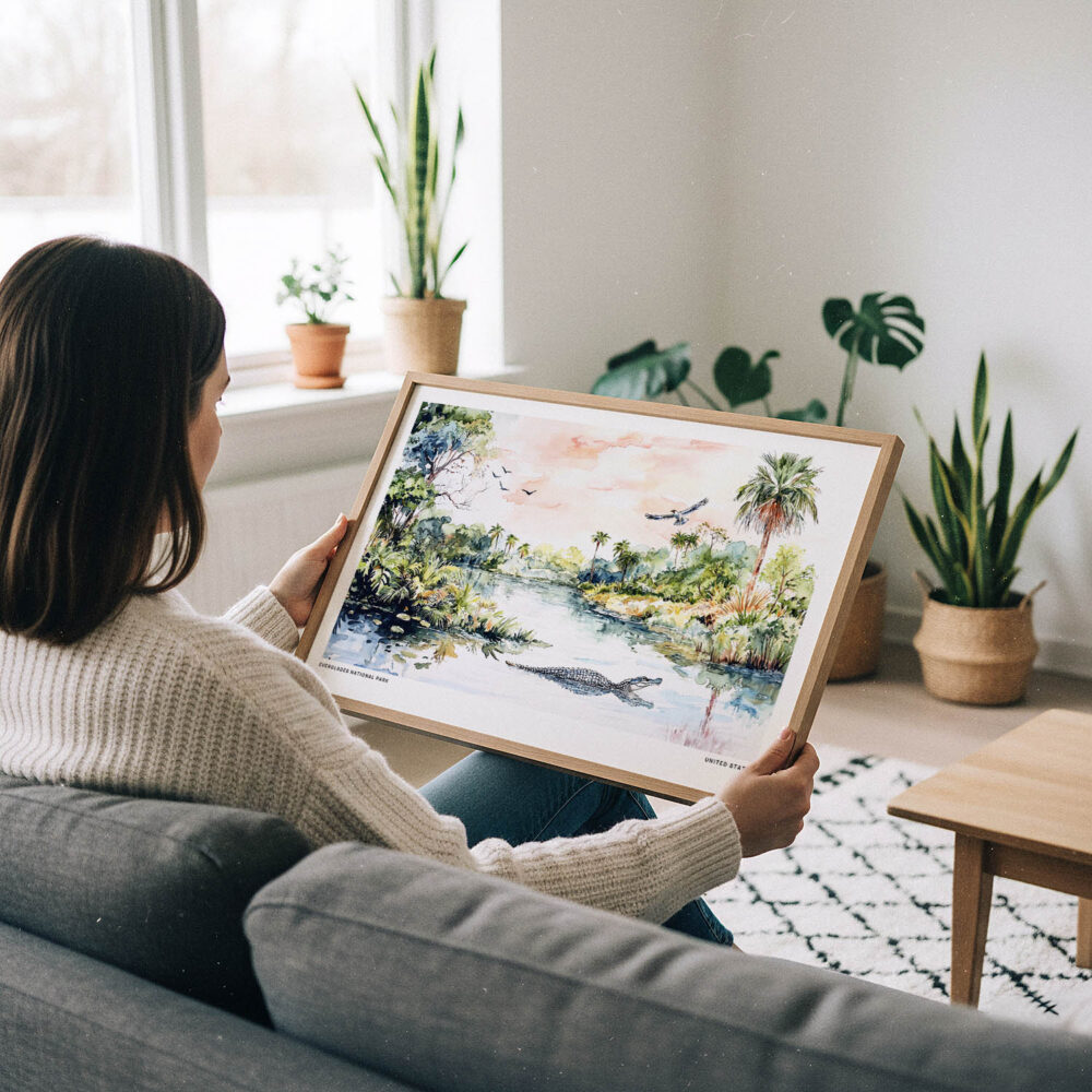 02 - A Woman Holding A Framed Everglades National Park Watercolor - Horizontal Art Print.jpg 02 - A Woman Holding A Framed Everglades National Park Watercolor - Horizontal Art Print.jpg
