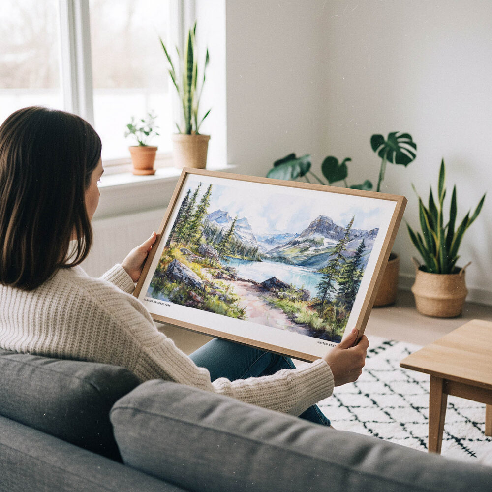 02 - A Woman Holding A Framed Glacier National Park Watercolor - Horizontal Art Print.jpg 02 - A Woman Holding A Framed Glacier National Park Watercolor - Horizontal Art Print.jpg