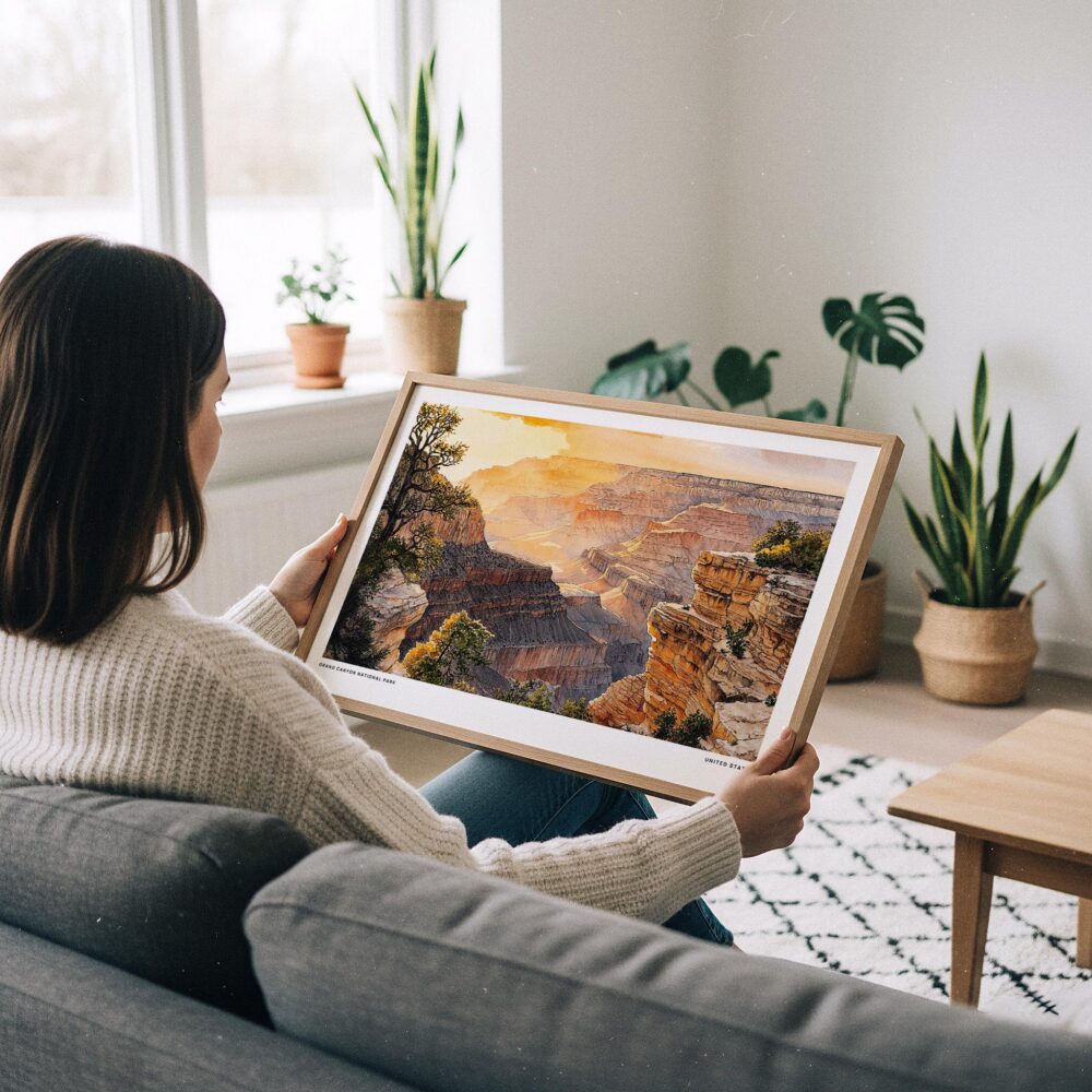 02 - A Woman Holding A Framed Grand Canyon National Park Watercolor - Horizontal Art Print.jpg 02 - A Woman Holding A Framed Grand Canyon National Park Watercolor - Horizontal Art Print.jpg