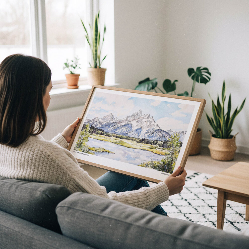 02 - A Woman Holding A Framed Grand Teton National Park Watercolor - Horizontal Art Print.jpg 02 - A Woman Holding A Framed Grand Teton National Park Watercolor - Horizontal Art Print.jpg