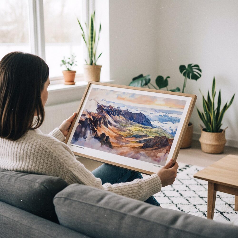 02 - A Woman Holding A Framed Haleakala National Park Watercolor - Horizontal Art Print.jpg 02 - A Woman Holding A Framed Haleakala National Park Watercolor - Horizontal Art Print.jpg