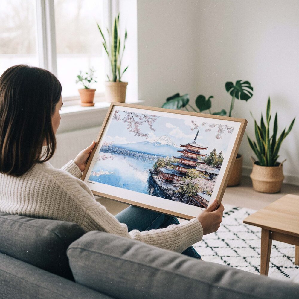 02 - A Woman Holding A Framed Japan Mount Fuji Watercolor Art - Horizontal Art Print - Horizontal.jpg 02 - A Woman Holding A Framed Japan Mount Fuji Watercolor Art - Horizontal Art Print - Horizontal.jpg