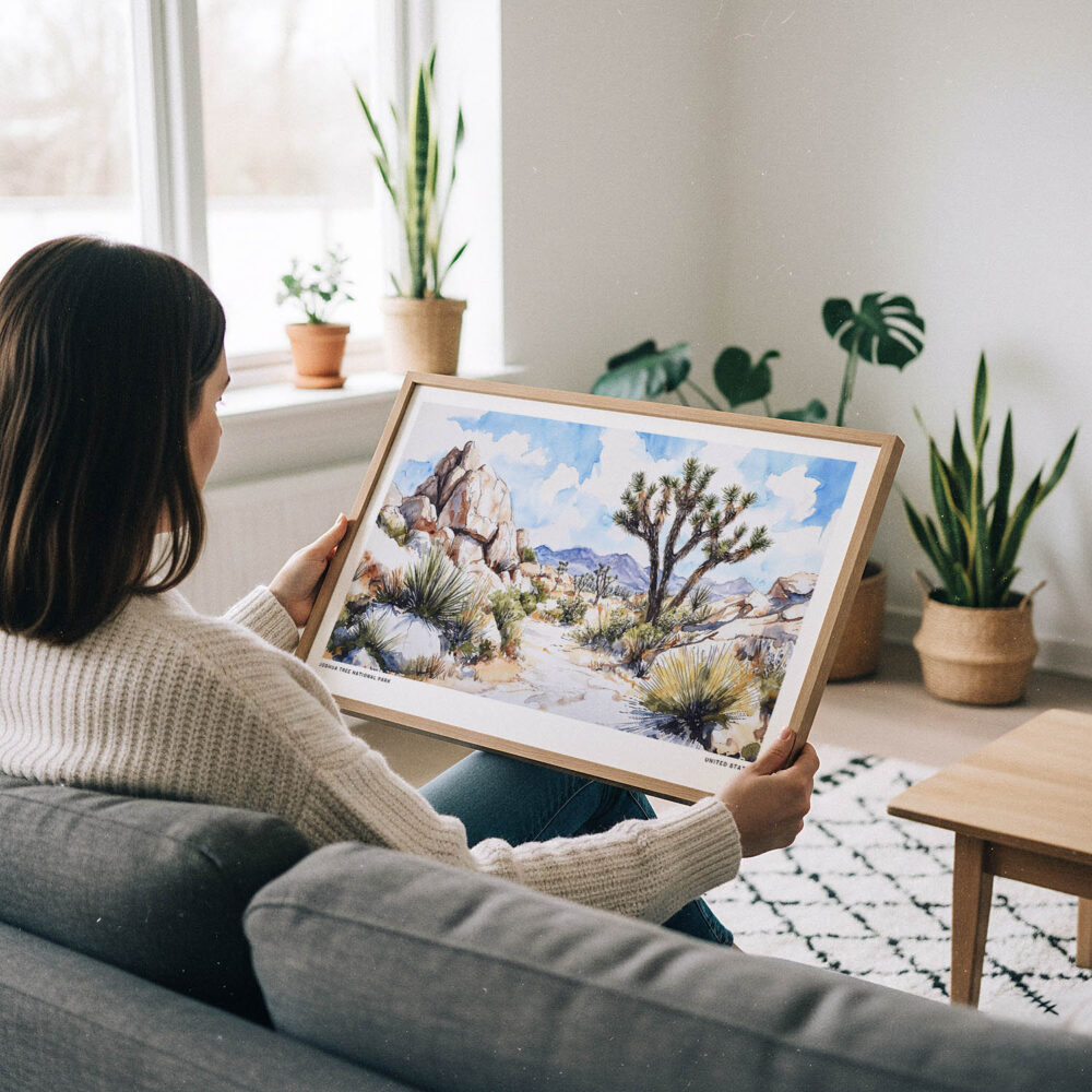 02 - A Woman Holding A Framed Joshua Tree National Park Watercolor - Horizontal Art Print.jpg 02 - A Woman Holding A Framed Joshua Tree National Park Watercolor - Horizontal Art Print.jpg