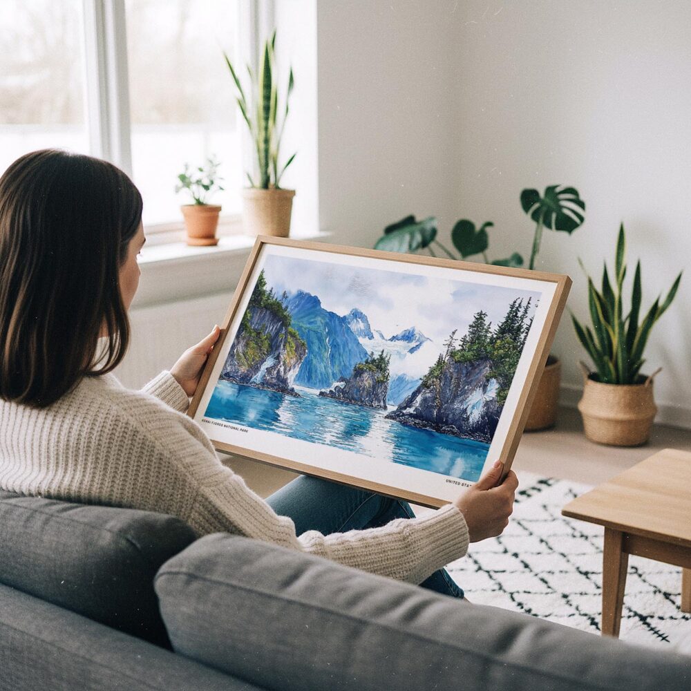 02 - A Woman Holding A Framed Kenai Fjords National Park Watercolor - Horizontal Art Print.jpg 02 - A Woman Holding A Framed Kenai Fjords National Park Watercolor - Horizontal Art Print.jpg