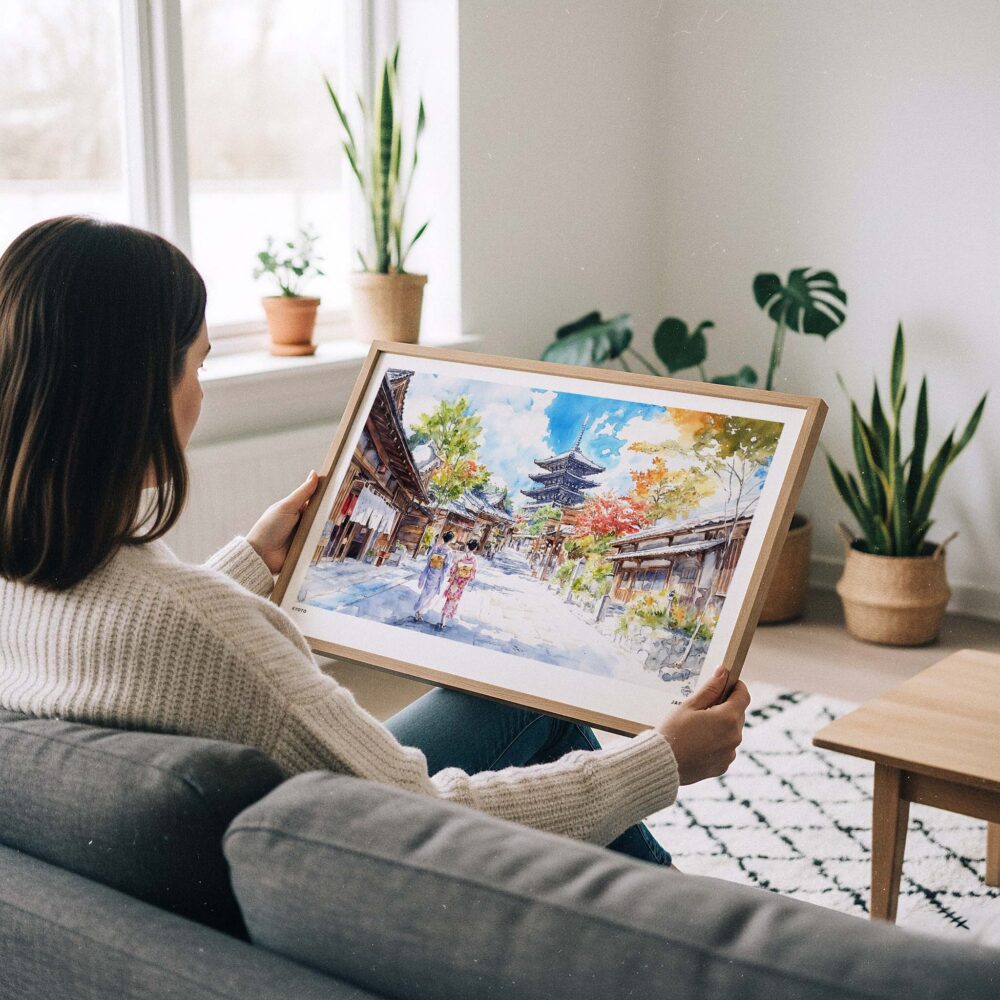 02 - A Woman Holding A Framed Kyoto Japan Watercolor Art - Horizontal Art Print.jpg 02 - A Woman Holding A Framed Kyoto Japan Watercolor Art - Horizontal Art Print.jpg