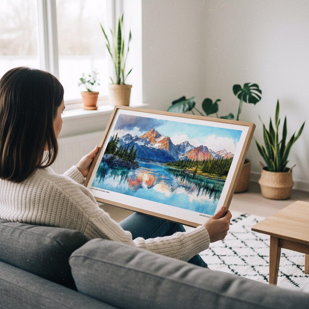 02 - A Woman Holding A Framed Lake Clark National Park Watercolor - Horizontal Art Print.jpg 02 - A Woman Holding A Framed Lake Clark National Park Watercolor - Horizontal Art Print.jpg
