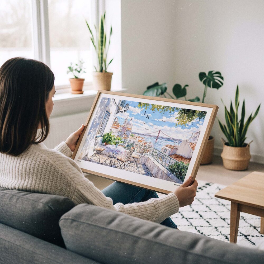 02 - A Woman Holding A Framed Lisbon Portugal Watercolor Art - Horizontal Art Print.jpg 02 - A Woman Holding A Framed Lisbon Portugal Watercolor Art - Horizontal Art Print.jpg