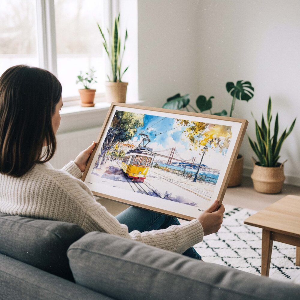 02 - A Woman Holding A Framed Lisbon Portugal Yellow Tram Watercolor Art - Horizontal Art Print - Horizontal.jpg 02 - A Woman Holding A Framed Lisbon Portugal Yellow Tram Watercolor Art - Horizontal Art Print - Horizontal.jpg