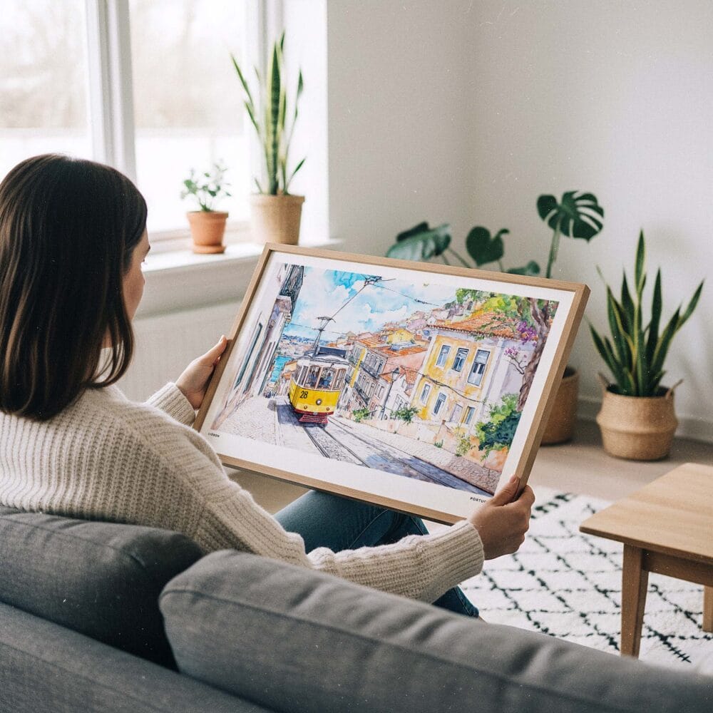 02 - A Woman Holding A Framed Lisbon Watercolor Art - Horizontal Art Print - Horizontal.jpg 02 - A Woman Holding A Framed Lisbon Watercolor Art - Horizontal Art Print - Horizontal.jpg