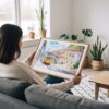 02 - A Woman Holding A Framed Lisbon Watercolor Art - Horizontal Art Print - Horizontal.jpg