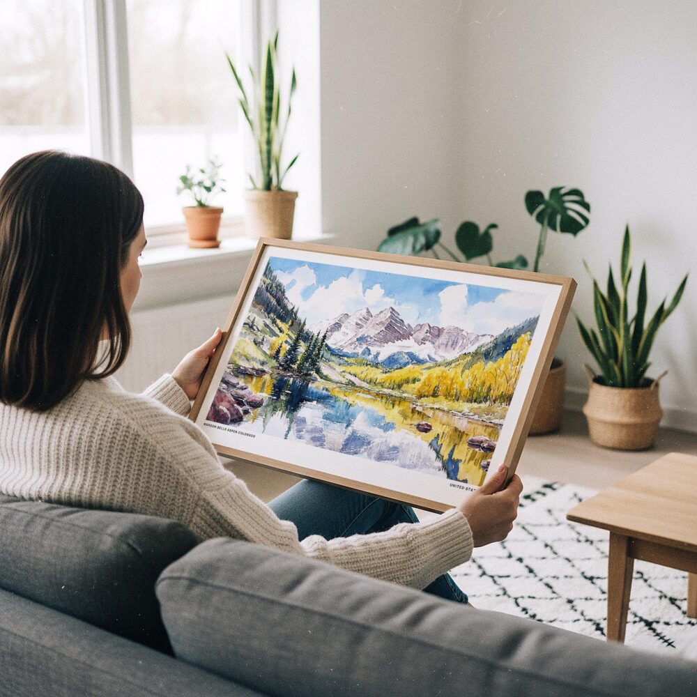 02 - A Woman Holding A Framed Maroon Bells Aspen CO Watercolor - Horizontal Art Print.jpg 02 - A Woman Holding A Framed Maroon Bells Aspen CO Watercolor - Horizontal Art Print.jpg