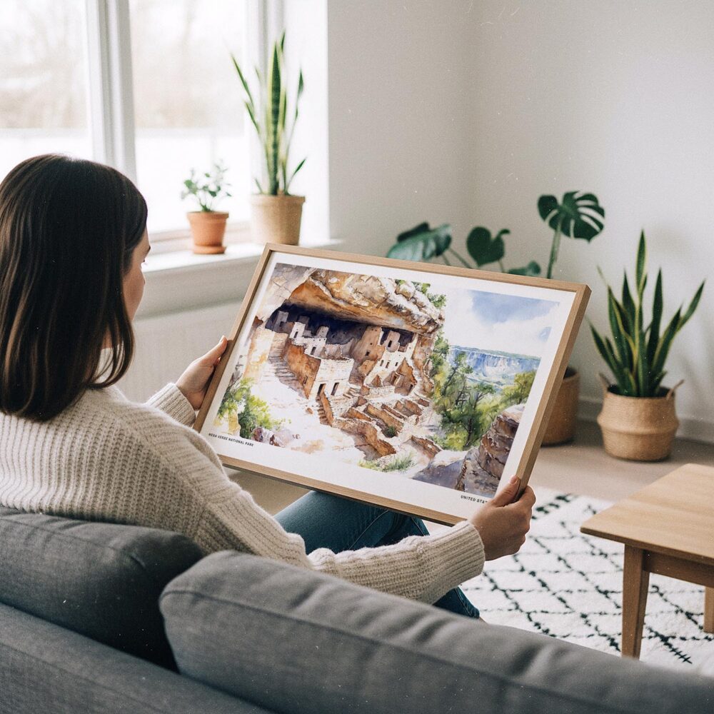 02 - A Woman Holding A Framed Mesa Verde National Park Watercolor - Horizontal Art Print.jpg 02 - A Woman Holding A Framed Mesa Verde National Park Watercolor - Horizontal Art Print.jpg