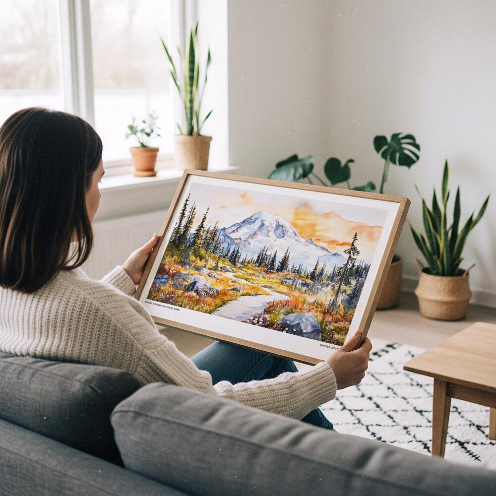 02 - A Woman Holding A Framed Mount Rainier National Park Watercolor - Horizontal Art Print.jpg 02 - A Woman Holding A Framed Mount Rainier National Park Watercolor - Horizontal Art Print.jpg