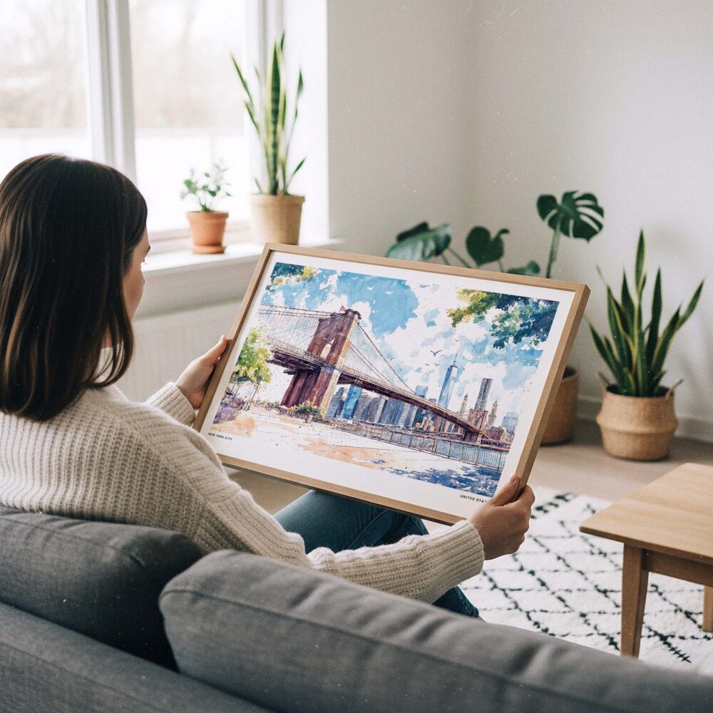 02 - A Woman Holding A Framed NYC Brooklyn Bridge Watercolor Art - Horizontal Art Print - Horizontal.jpg 02 - A Woman Holding A Framed NYC Brooklyn Bridge Watercolor Art - Horizontal Art Print - Horizontal.jpg