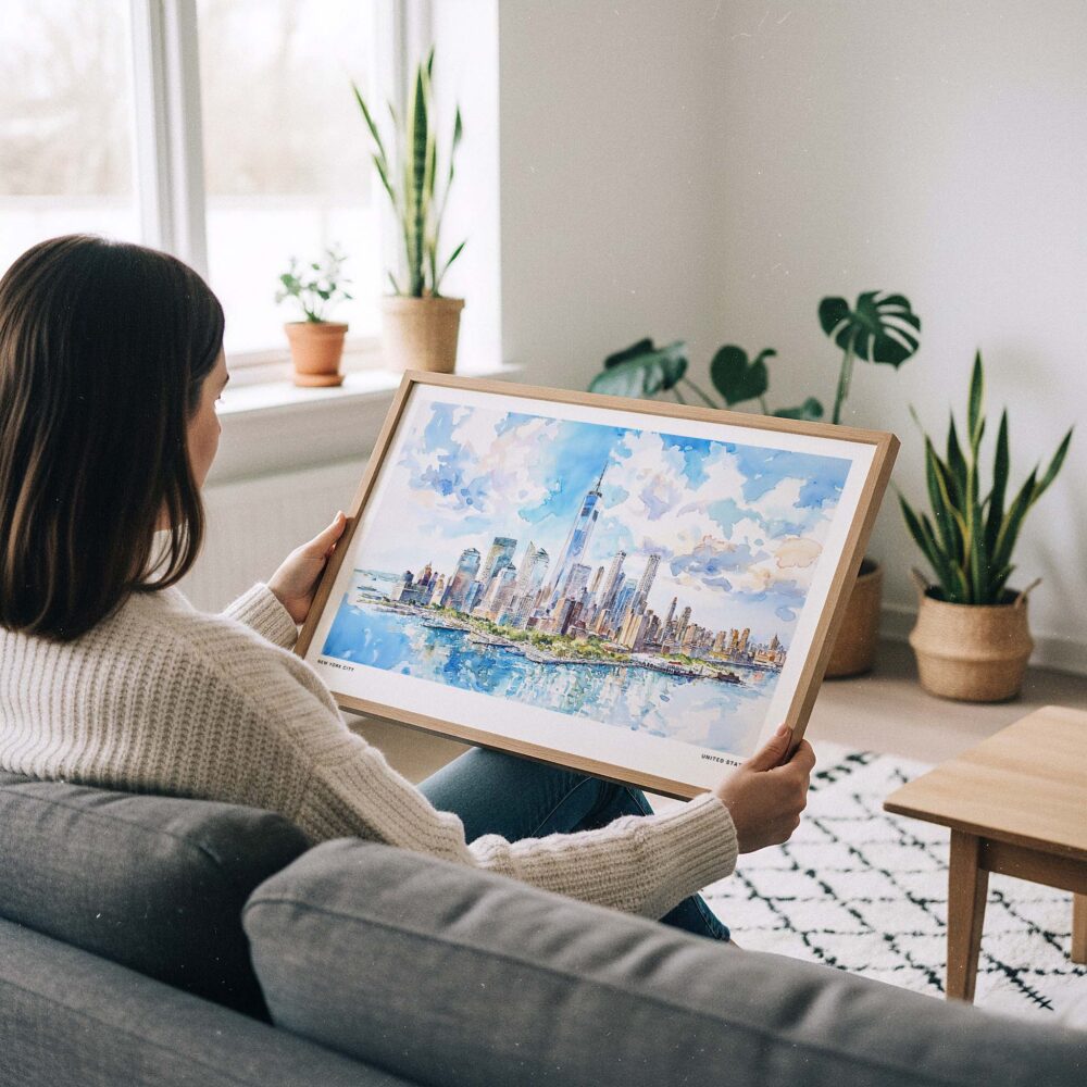 02 - A Woman Holding A Framed New York City Skyline Watercolor Art - Horizontal Art Print - Horizontal.jpg 02 - A Woman Holding A Framed New York City Skyline Watercolor Art - Horizontal Art Print - Horizontal.jpg