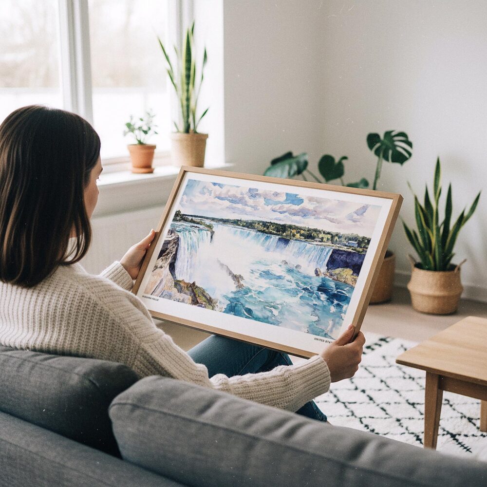 02 - A Woman Holding A Framed Niagara Falls Watercolor - Horizontal Art Print.jpg 02 - A Woman Holding A Framed Niagara Falls Watercolor - Horizontal Art Print.jpg