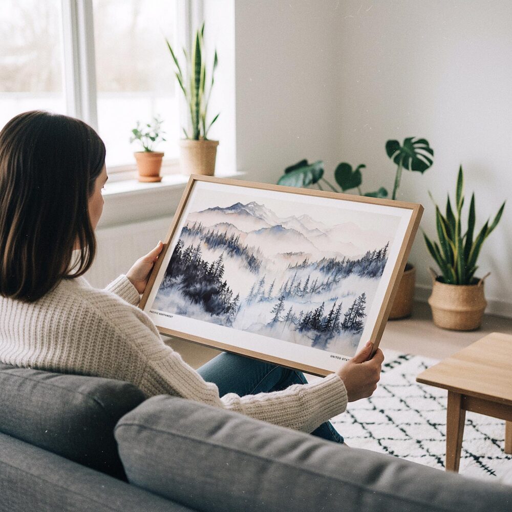 02 - A Woman Holding A Framed Pacific Northwest Watercolor - Horizontal Art Print.jpg 02 - A Woman Holding A Framed Pacific Northwest Watercolor - Horizontal Art Print.jpg