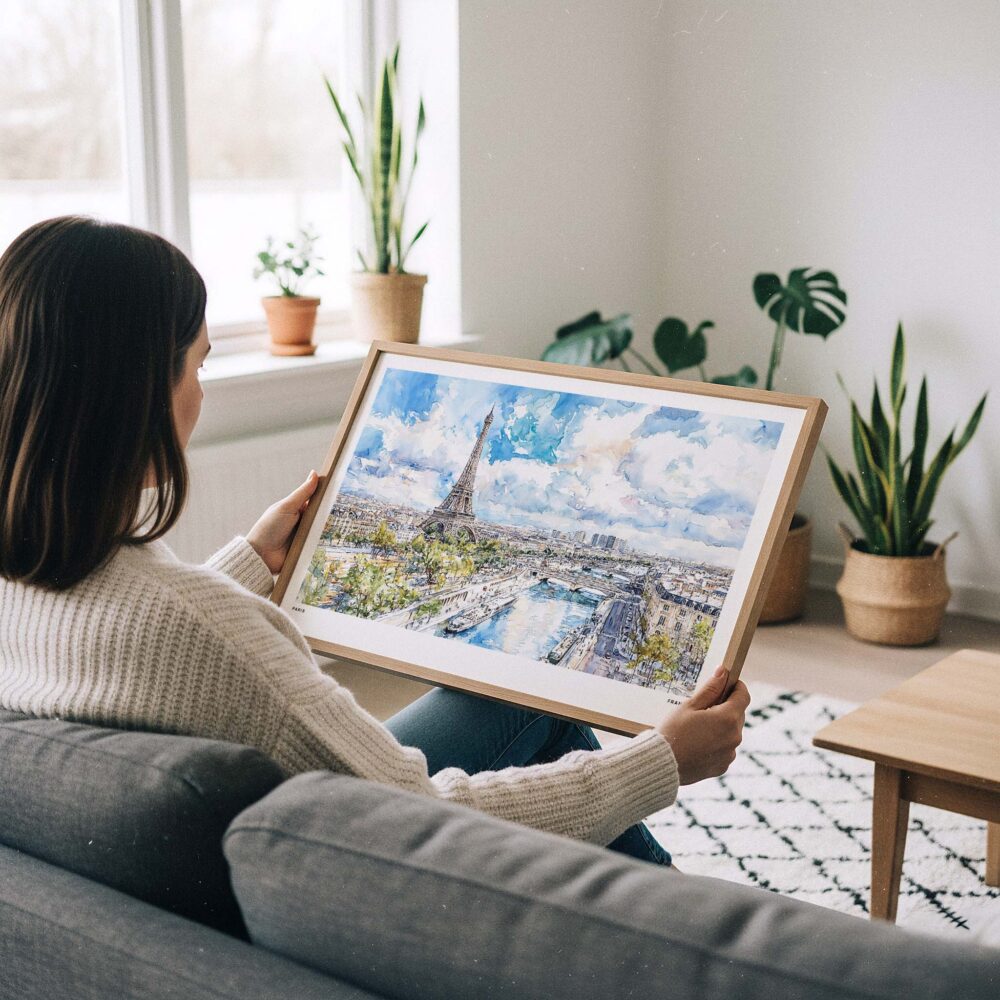 02 - A Woman Holding A Framed Paris Skyline Watercolor Art - Horizontal Art Print - Horizontal.jpg 02 - A Woman Holding A Framed Paris Skyline Watercolor Art - Horizontal Art Print - Horizontal.jpg