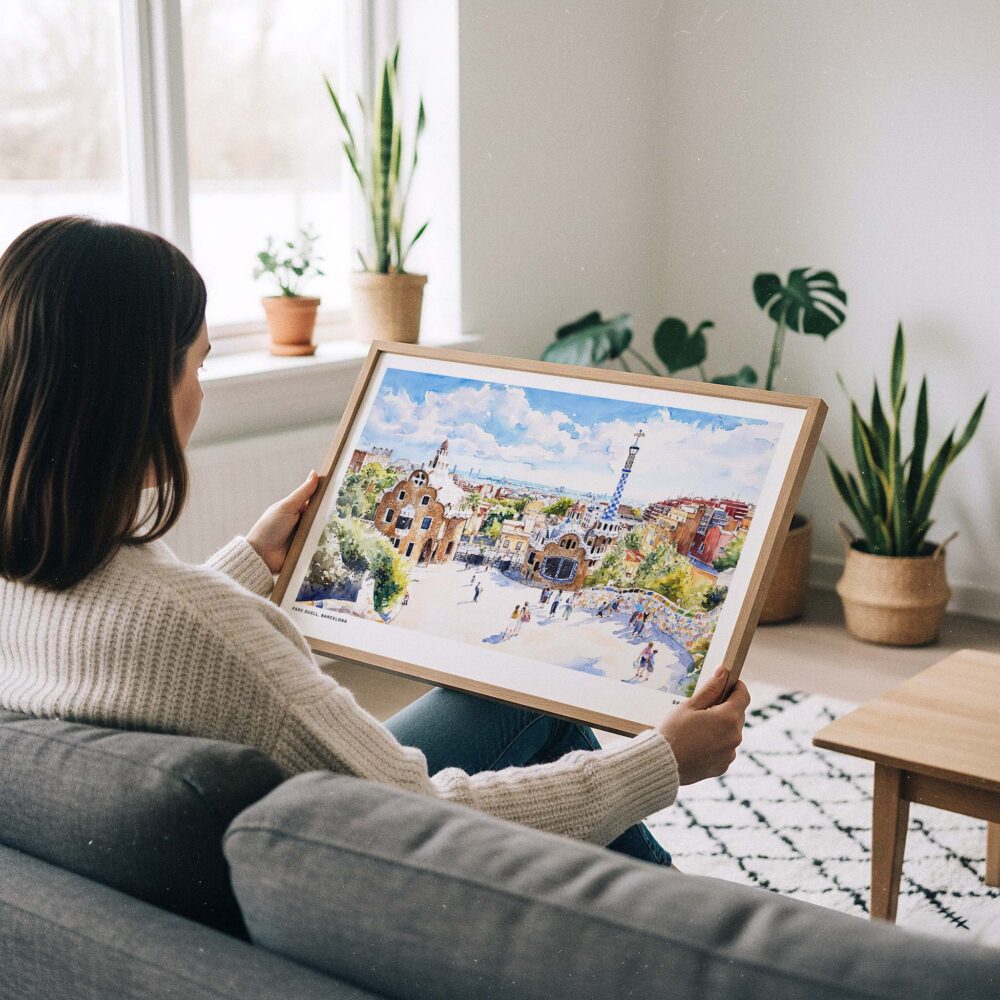 02 - A Woman Holding A Framed Park Guell Spain Watercolor Art - Horizontal Art Print.jpg 02 - A Woman Holding A Framed Park Guell Spain Watercolor Art - Horizontal Art Print.jpg