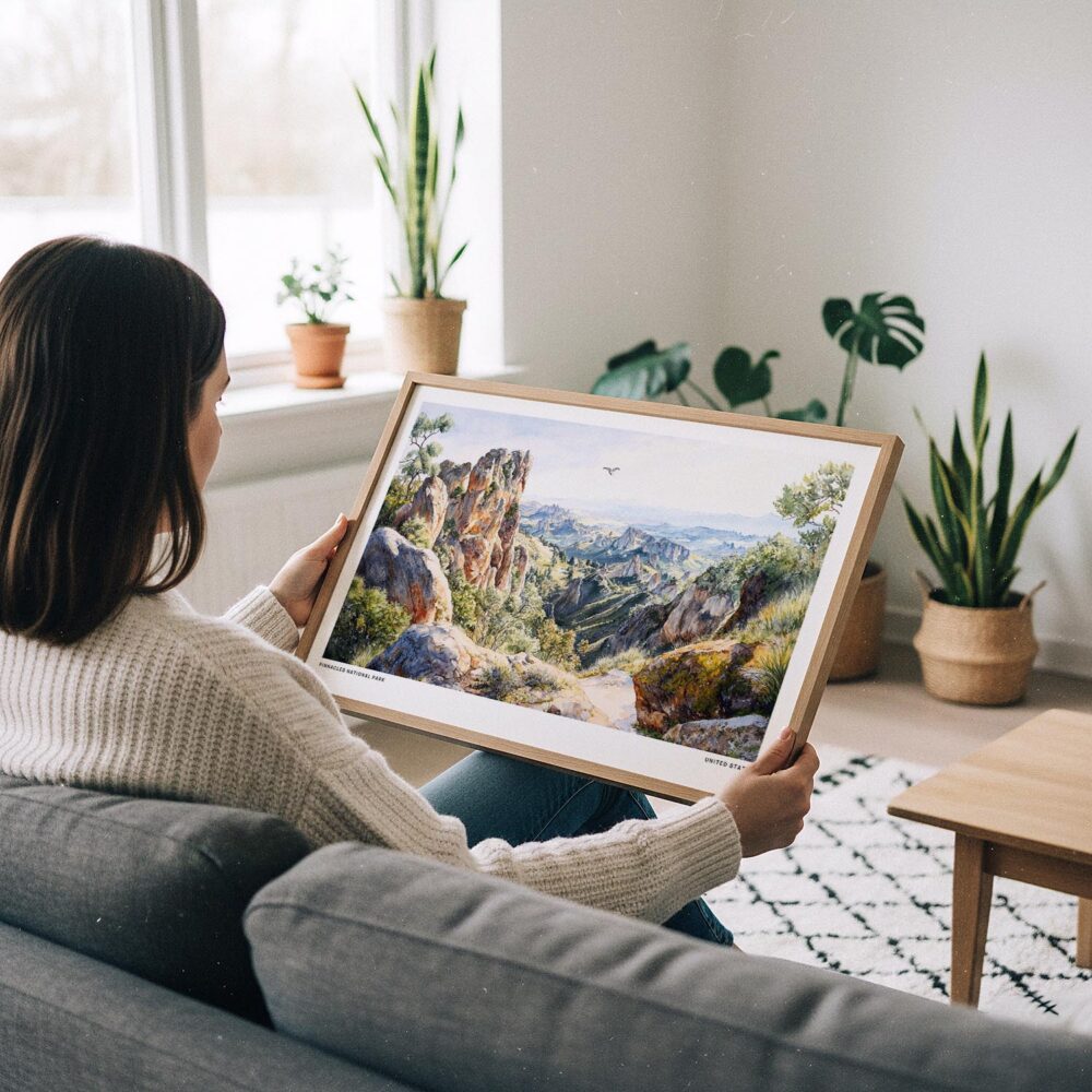 02 - A Woman Holding A Framed Pinnacles National Park Watercolor - Horizontal Art Print.jpg 02 - A Woman Holding A Framed Pinnacles National Park Watercolor - Horizontal Art Print.jpg