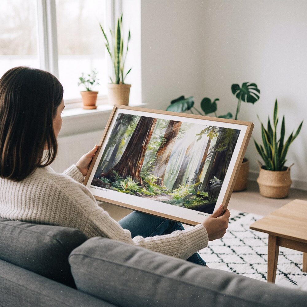 02 - A Woman Holding A Framed Redwood National Park Watercolor - Horizontal Art Print.jpg 02 - A Woman Holding A Framed Redwood National Park Watercolor - Horizontal Art Print.jpg