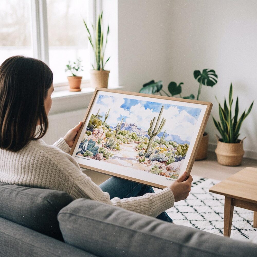 02 - A Woman Holding A Framed Saguaro National Park Watercolor - Horizontal Art Print.jpg 02 - A Woman Holding A Framed Saguaro National Park Watercolor - Horizontal Art Print.jpg