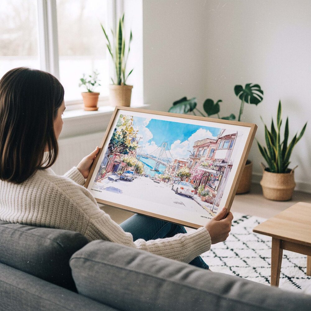 02 - A Woman Holding A Framed San Francisco Lombard Street Watercolor Art - Horizontal Art Print.jpg 02 - A Woman Holding A Framed San Francisco Lombard Street Watercolor Art - Horizontal Art Print.jpg