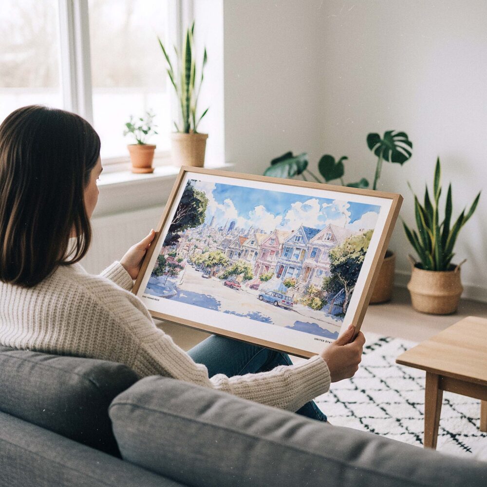 02 - A Woman Holding A Framed San Francisco Painted Ladies Watercolor Art - Horizontal Art Print.jpg 02 - A Woman Holding A Framed San Francisco Painted Ladies Watercolor Art - Horizontal Art Print.jpg