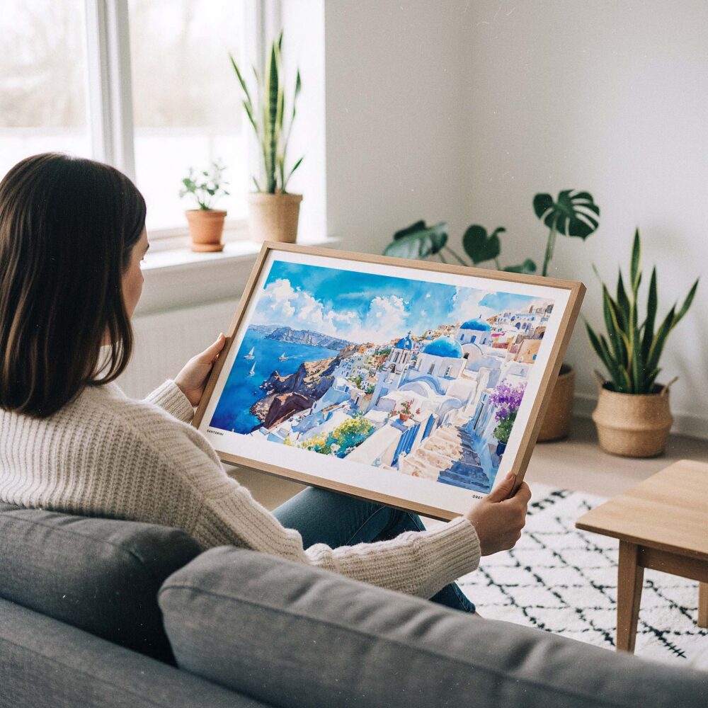 02 - A Woman Holding A Framed Santorini Blue Dome Church Watercolor Art - Horizontal Art Print.jpg 02 - A Woman Holding A Framed Santorini Blue Dome Church Watercolor Art - Horizontal Art Print.jpg