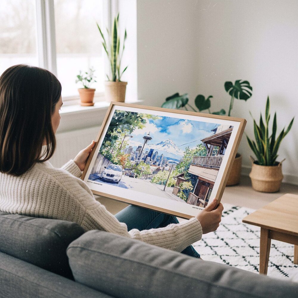02 - A Woman Holding A Framed Seattle Skyline Watercolor Art - Horizontal Art Print - Horizontal.jpg 02 - A Woman Holding A Framed Seattle Skyline Watercolor Art - Horizontal Art Print - Horizontal.jpg