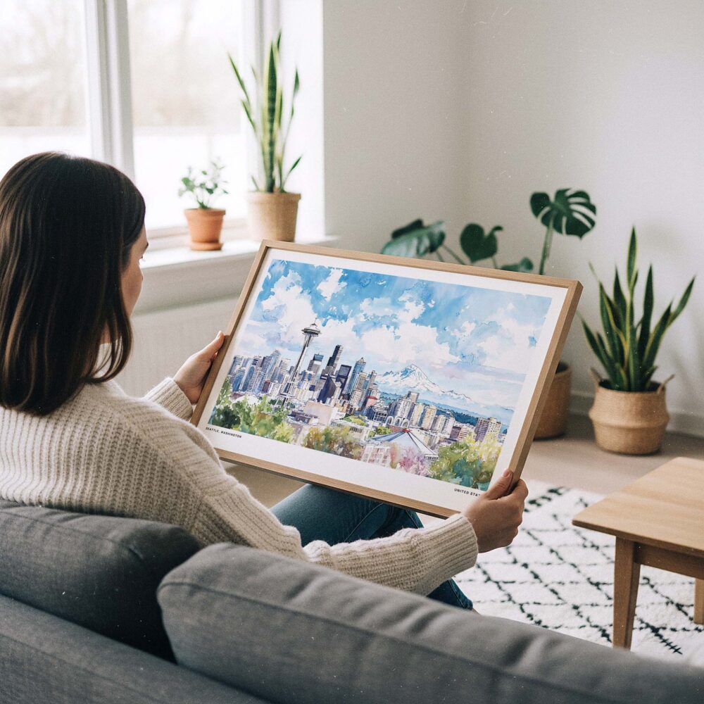 02 - A Woman Holding A Framed Seattle Skyline with Mount Rainier Watercolor Art - Horizontal Art Print - Horizontal.jpg 02 - A Woman Holding A Framed Seattle Skyline with Mount Rainier Watercolor Art - Horizontal Art Print - Horizontal.jpg