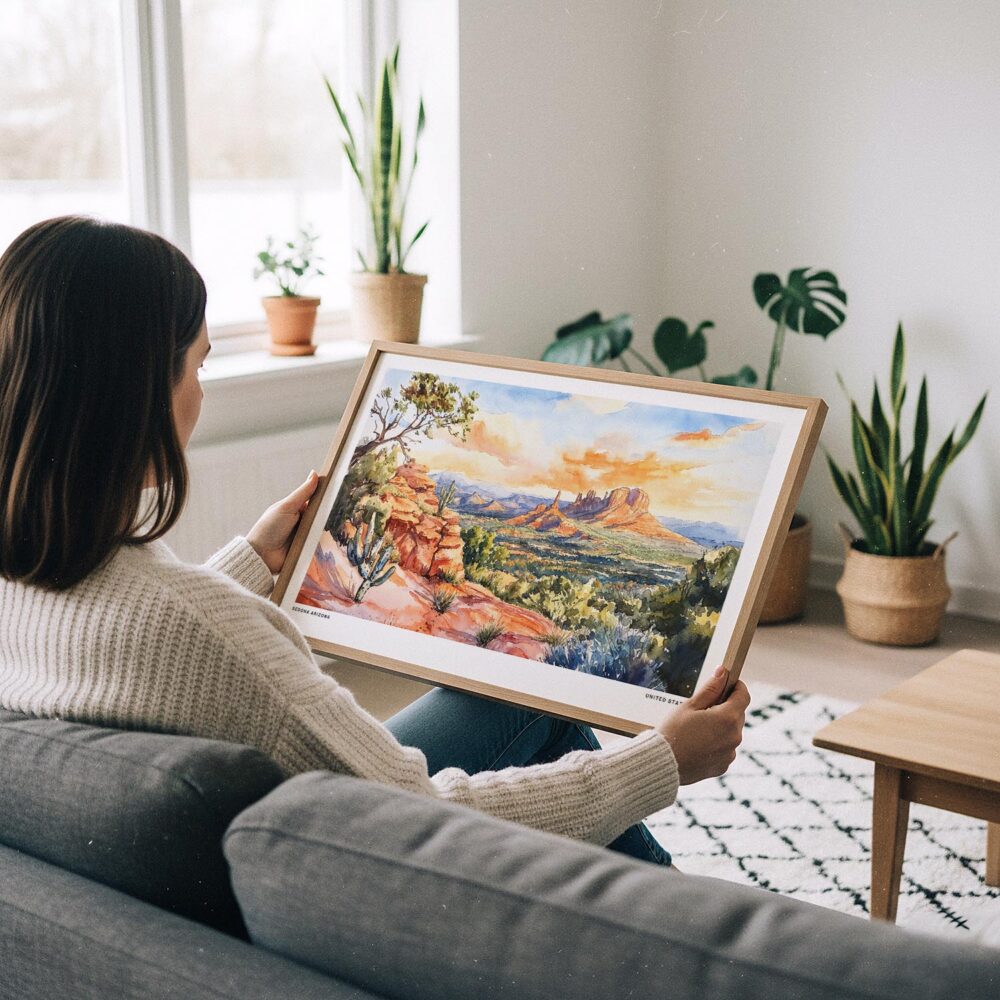 02 - A Woman Holding A Framed Sedona AZ Watercolor - Horizontal Art Print.jpg 02 - A Woman Holding A Framed Sedona AZ Watercolor - Horizontal Art Print.jpg