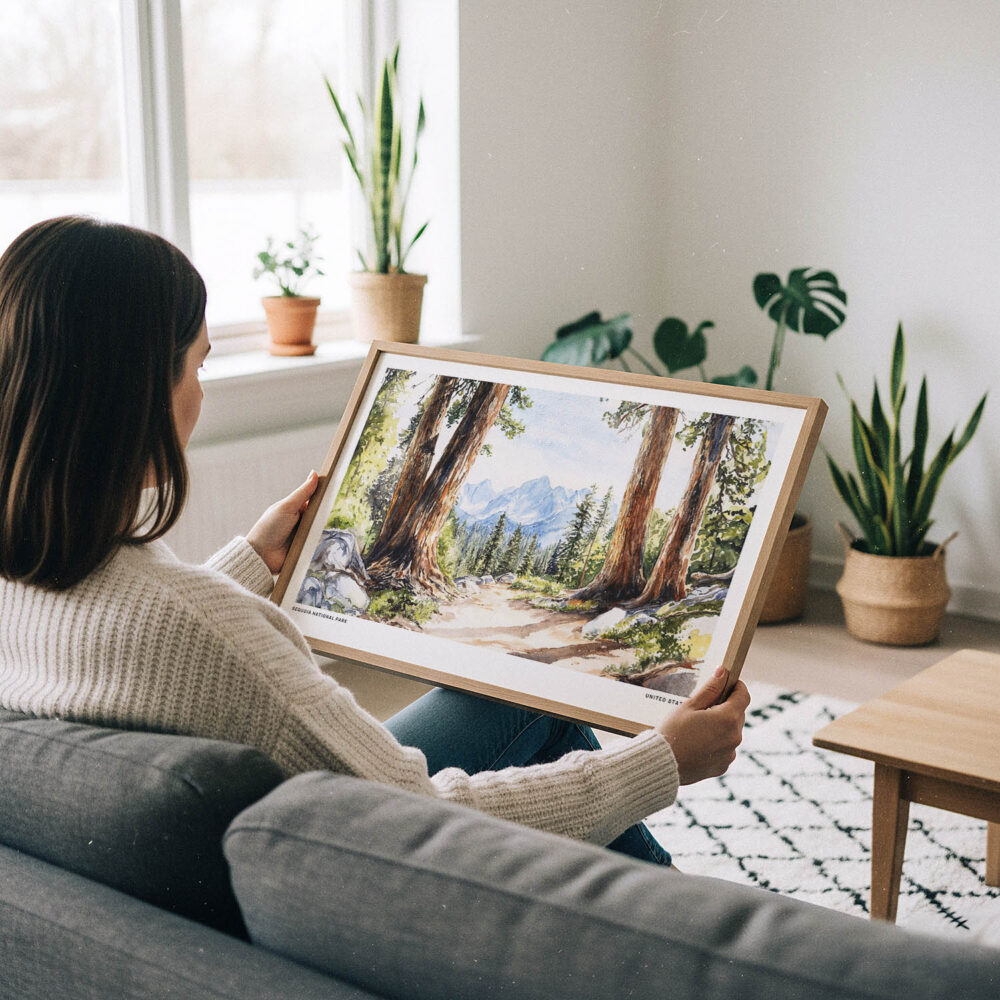 02 - A Woman Holding A Framed Sequoia National Park Watercolor - Horizontal Art Print.jpg 02 - A Woman Holding A Framed Sequoia National Park Watercolor - Horizontal Art Print.jpg