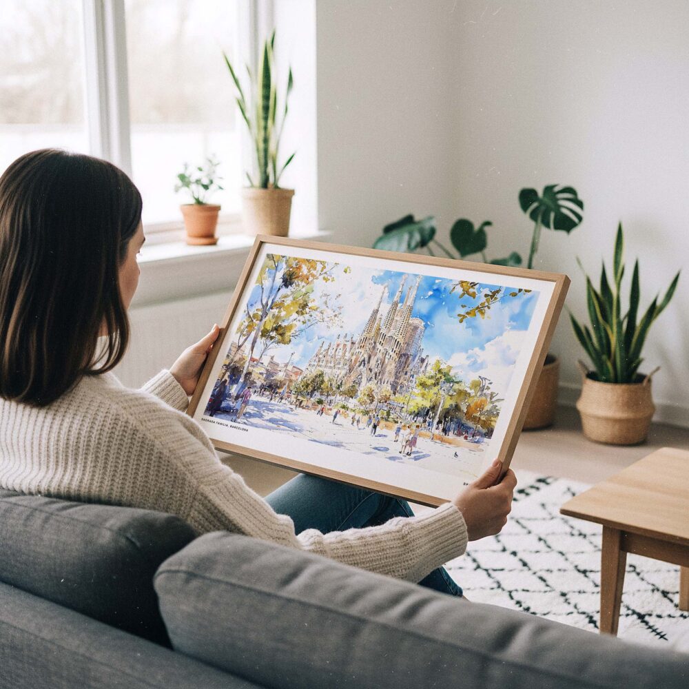 02 - A Woman Holding A Framed Spain Sagrada Familia Watercolor Art - Horizontal Art Print - Horizontal.jpg 02 - A Woman Holding A Framed Spain Sagrada Familia Watercolor Art - Horizontal Art Print - Horizontal.jpg