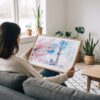 02 - A Woman Holding A Framed Tokyo Skytree During Sakura Season Watercolor Art - Horizontal Art Print.jpg