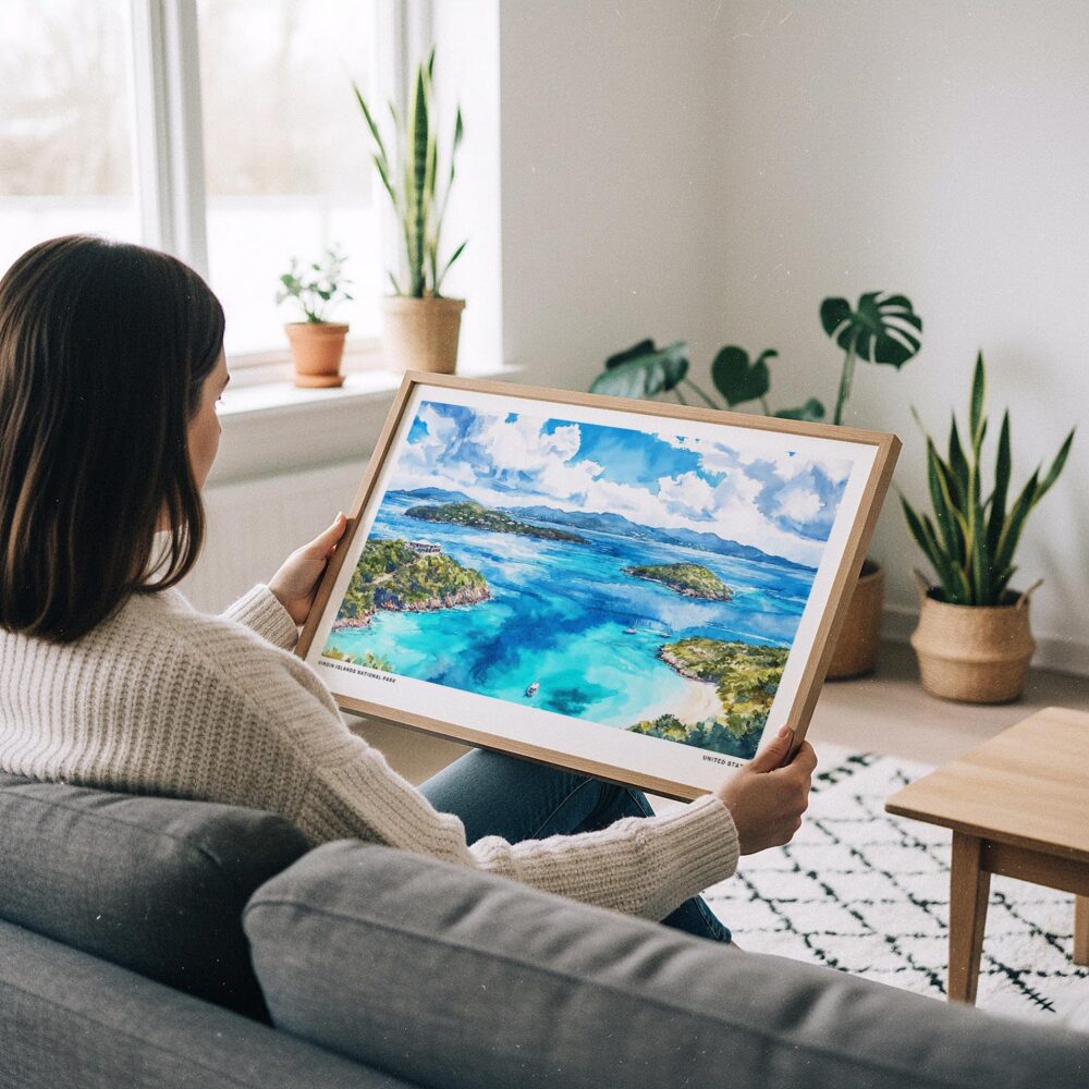 02 - A Woman Holding A Framed Virgin Islands National Park Watercolor - Horizontal Art Print.jpg 02 - A Woman Holding A Framed Virgin Islands National Park Watercolor - Horizontal Art Print.jpg