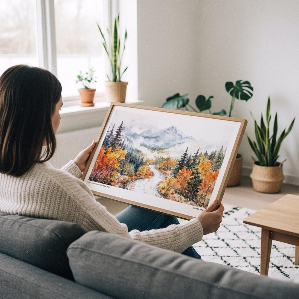 02 - A Woman Holding A Framed White Mountains National Park Watercolor - Horizontal Art Print.jpg 02 - A Woman Holding A Framed White Mountains National Park Watercolor - Horizontal Art Print.jpg