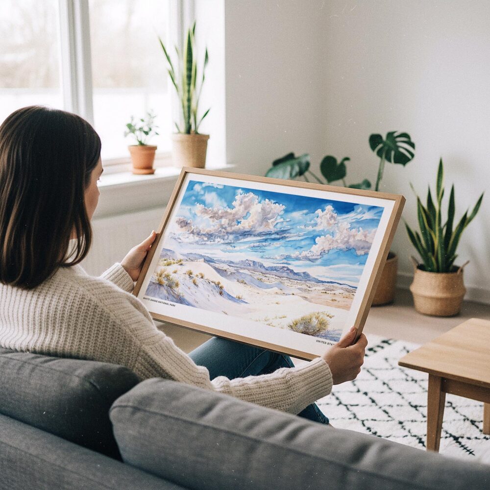 02 - A Woman Holding A Framed White Sands National Park Watercolor - Horizontal Art Print.jpg 02 - A Woman Holding A Framed White Sands National Park Watercolor - Horizontal Art Print.jpg