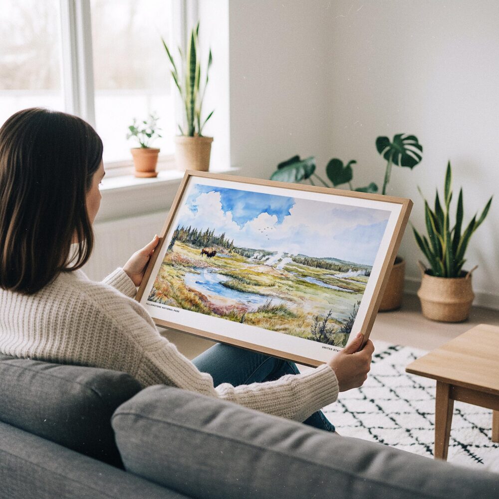 02 - A Woman Holding A Framed Yellowstone National Park Watercolor - Horizontal Art Print.jpg 02 - A Woman Holding A Framed Yellowstone National Park Watercolor - Horizontal Art Print.jpg