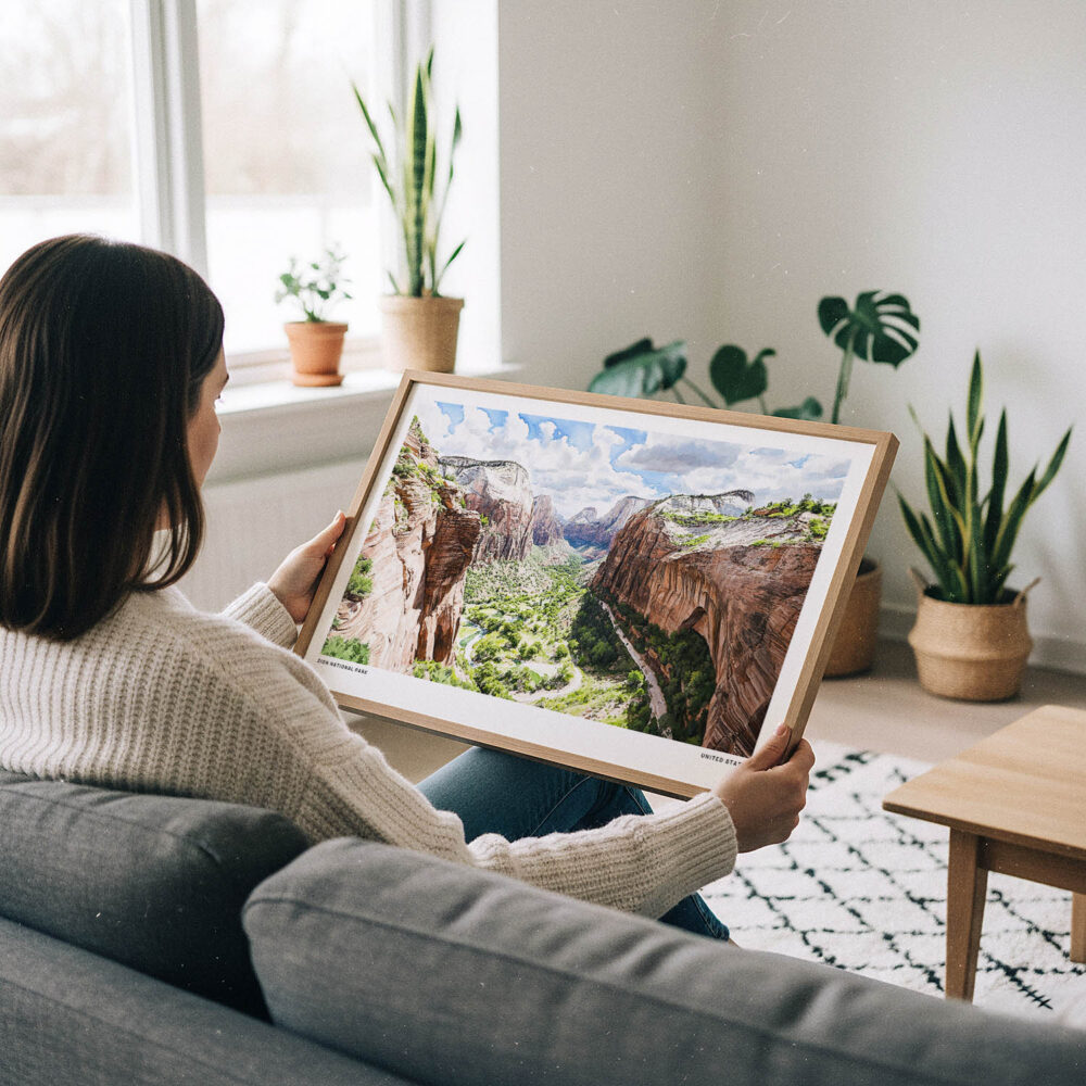 02 - A Woman Holding A Framed Zion National Park Watercolor - Horizontal Art Print.jpg 02 - A Woman Holding A Framed Zion National Park Watercolor - Horizontal Art Print.jpg