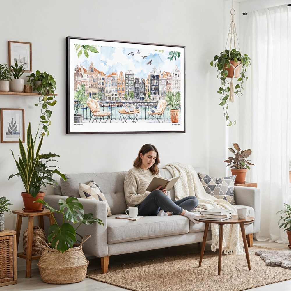 02 - Framed A Morning in Amsterdam Watercolor Art - Horizontal Canvas Print - Boho Living Room with Woman reading.jpg 02 - Framed A Morning in Amsterdam Watercolor Art - Horizontal Canvas Print - Boho Living Room with Woman reading.jpg