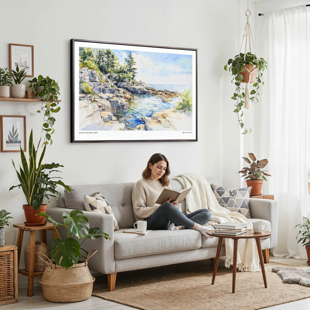 02 - Framed Acadia National Park Watercolor - Horizontal Canvas Print - Boho Living Room with Woman reading.jpg 02 - Framed Acadia National Park Watercolor - Horizontal Canvas Print - Boho Living Room with Woman reading.jpg