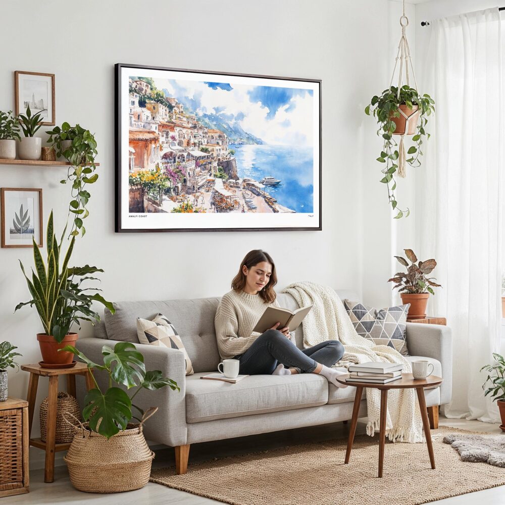 02 - Framed Amalfi Coast Watercolor Art - Horizontal Canvas Print - Boho Living Room with Woman reading.jpg 02 - Framed Amalfi Coast Watercolor Art - Horizontal Canvas Print - Boho Living Room with Woman reading.jpg