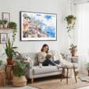 02 - Framed Amalfi Coast Watercolor Art - Horizontal Canvas Print - Boho Living Room with Woman reading.jpg