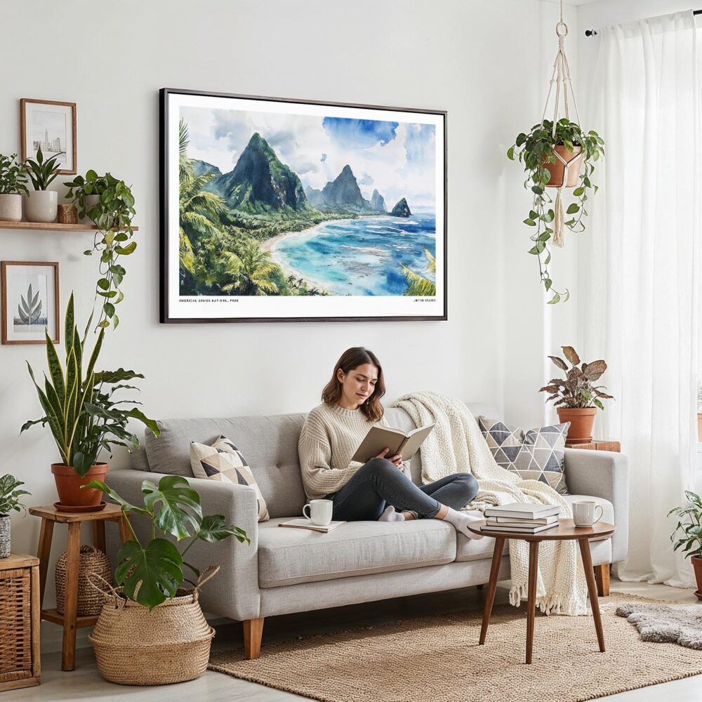 02 - Framed American Samoa National Park Watercolor - Horizontal Canvas Print - Boho Living Room with Woman reading.jpg 02 - Framed American Samoa National Park Watercolor - Horizontal Canvas Print - Boho Living Room with Woman reading.jpg