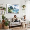 02 - Framed American Samoa National Park Watercolor - Horizontal Canvas Print - Boho Living Room with Woman reading.jpg