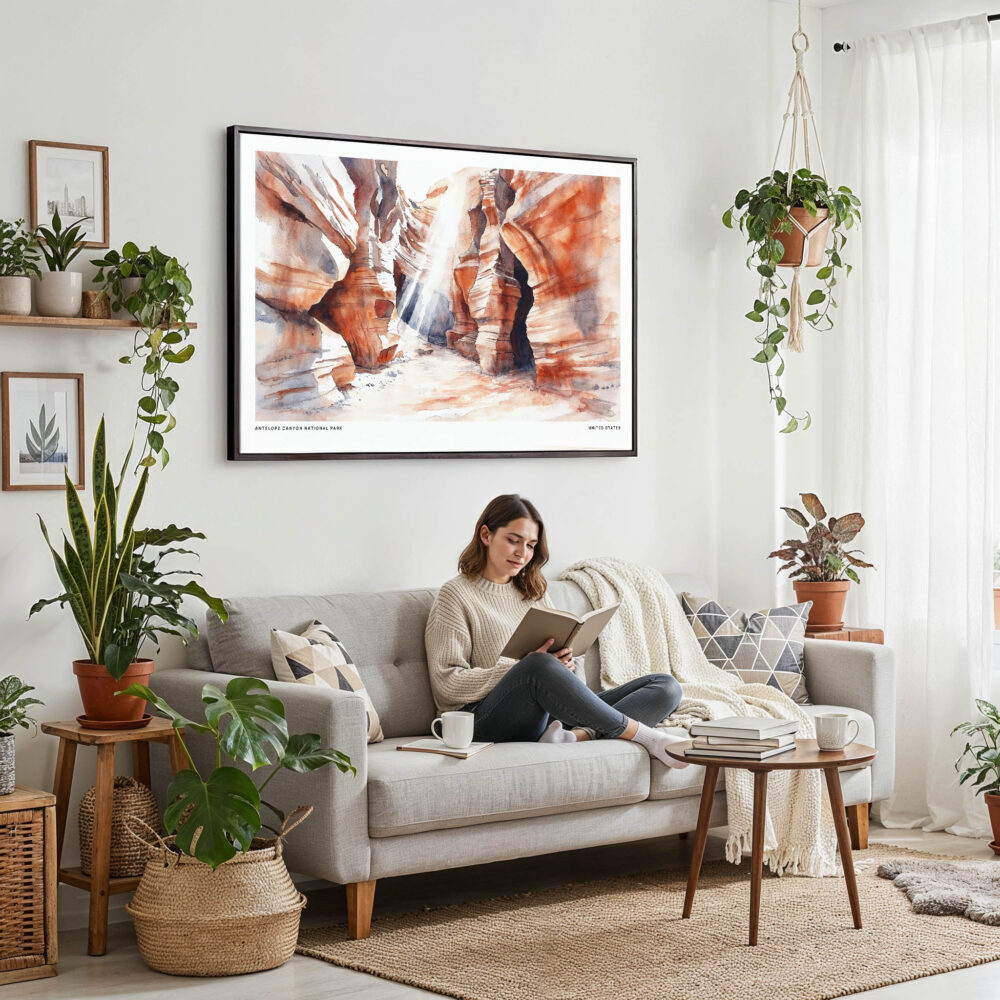 02 - Framed Antelope Canyon National Park Watercolor - Horizontal Canvas Print - Boho Living Room with Woman reading.jpg 02 - Framed Antelope Canyon National Park Watercolor - Horizontal Canvas Print - Boho Living Room with Woman reading.jpg